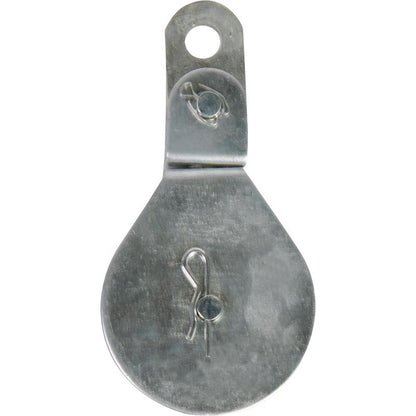 Black Emery Jensen swivel pulley with eye and 2-inch steel construction, designed for secure lifting and rigging applications.