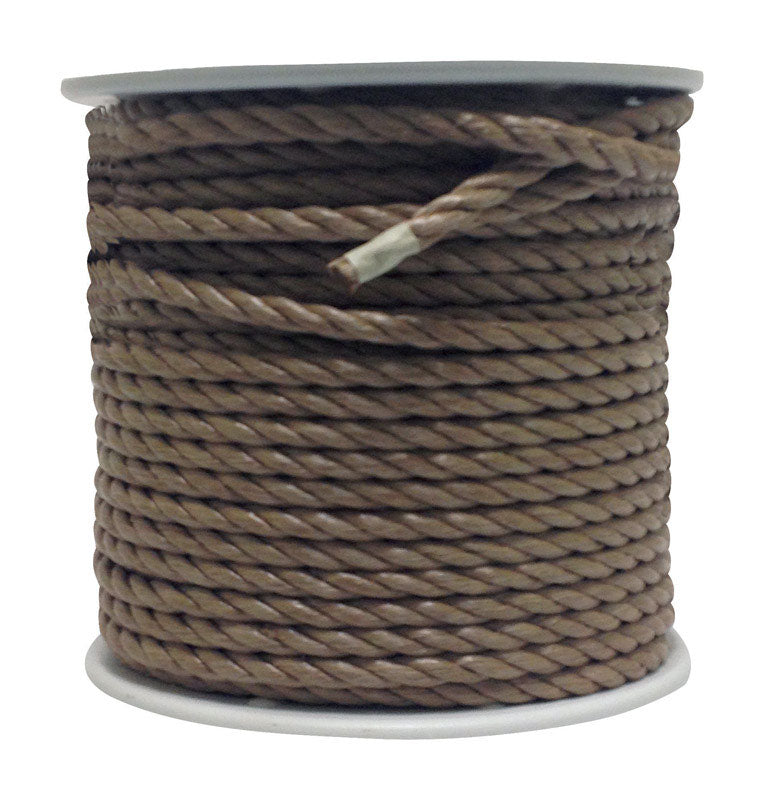 Emery Jensen synthetic filament rope in brown, 1/2 inch diameter, 200 feet length, suitable for heavy-duty lifting and outdoor use.