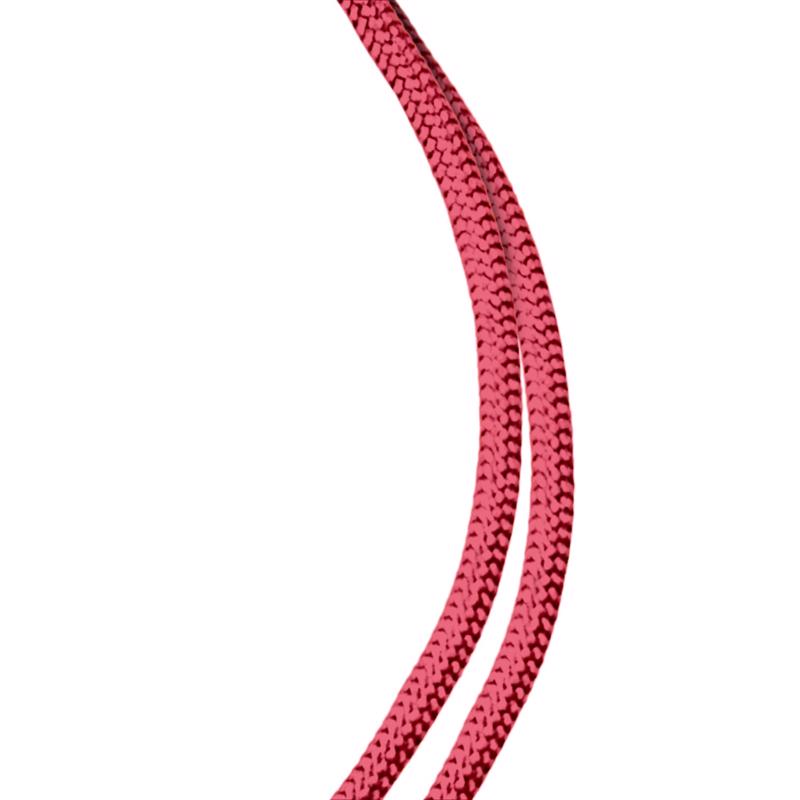 Pink Emery Jensen synthetic filament rope, 100 feet, durable and strong for outdoor and industrial use, shown coiled and hanging.