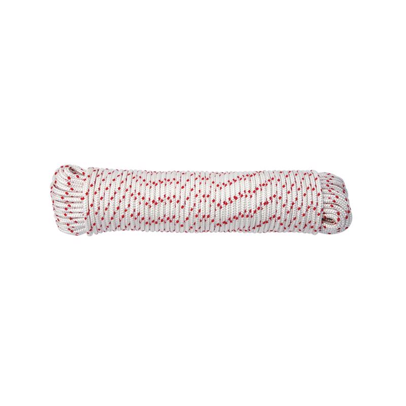 Red and white synthetic filament rope, 50 feet, by Emery Jensen, shown coiled and ready for use in lifting or securing.