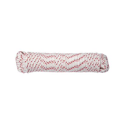 Red and white synthetic filament rope, 50 feet, by Emery Jensen, shown coiled and ready for use in lifting or securing.