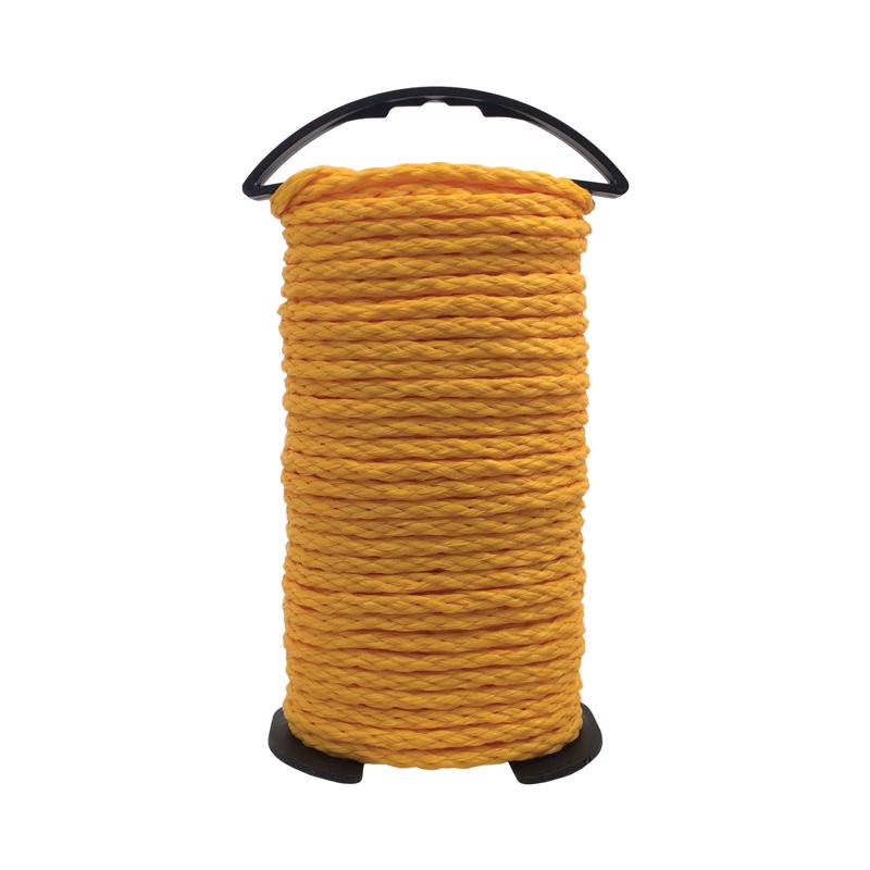 Yellow Emery Jensen synthetic filament rope, HB Poly YLW #8, 100 feet length, durable and strong for various uses.