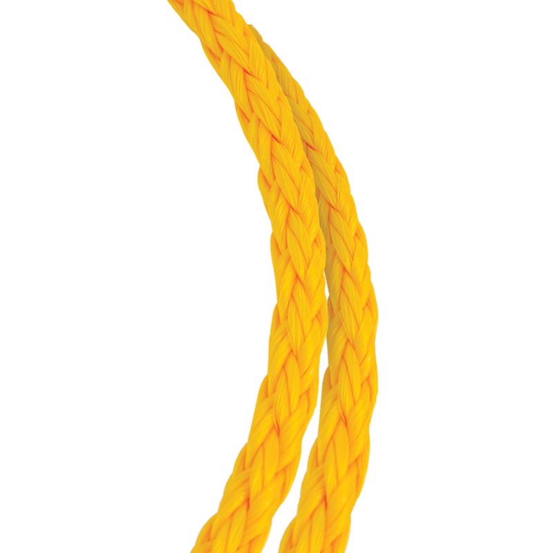 Yellow synthetic filament rope by Emery Jensen, 50 feet long, with an HB Poly YLW #8 designation, suitable for heavy-duty use.