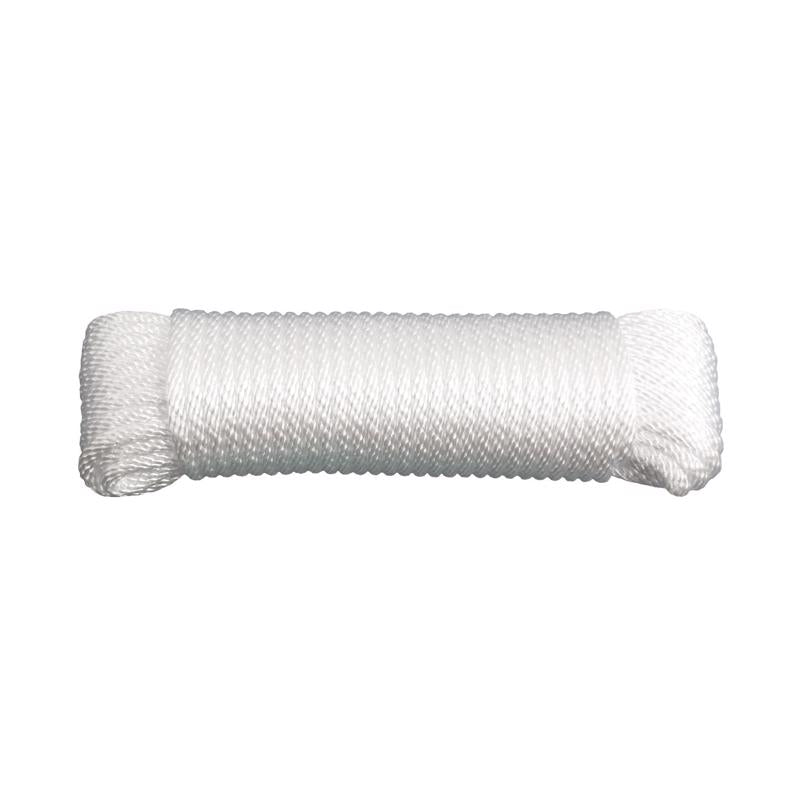 White nylon synthetic filament rope, 100 feet long, by Emery Jensen, shown coiled with a focus on the durable nylon material.