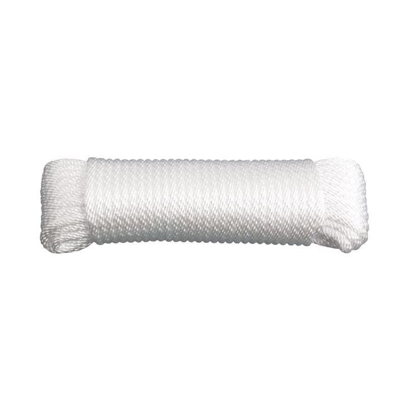 White nylon synthetic filament rope, 3/16 inch thick, by Emery Jensen, shown coiled and ready for use.