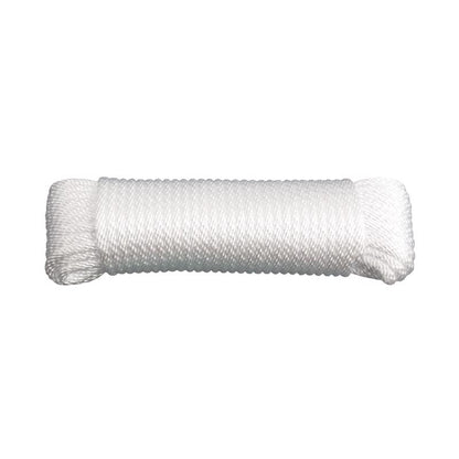 White nylon synthetic filament rope, 3/16 inch thick, by Emery Jensen, shown coiled and ready for use.
