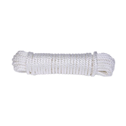 White nylon synthetic filament rope, 48 feet long, by Emery Jensen, showing the sturdy, flexible nylon material and woven construction.