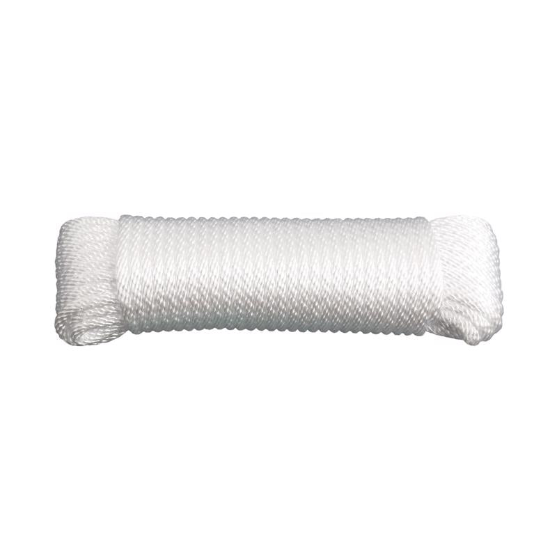 White nylon synthetic filament rope by Emery Jensen, 50-foot length, durable and strong for various outdoor and industrial uses.
