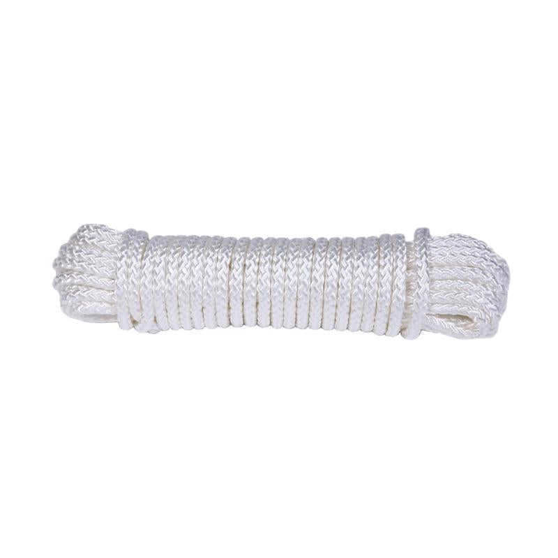 White nylon synthetic filament rope by Emery Jensen, #6, 100 feet long, designed for durable lifting and securing applications.