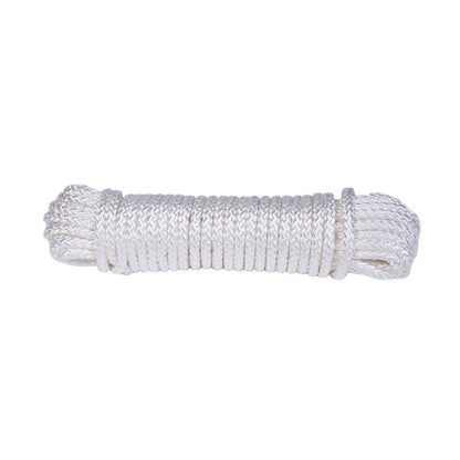 White nylon synthetic filament rope by Emery Jensen, #8, 50 feet long, shown coiled and ready for use.