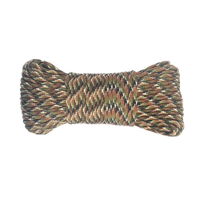 Camo synthetic filament rope by Emery Jensen, 5/32-inch paracord with durable, camouflage-patterned design for outdoor use.