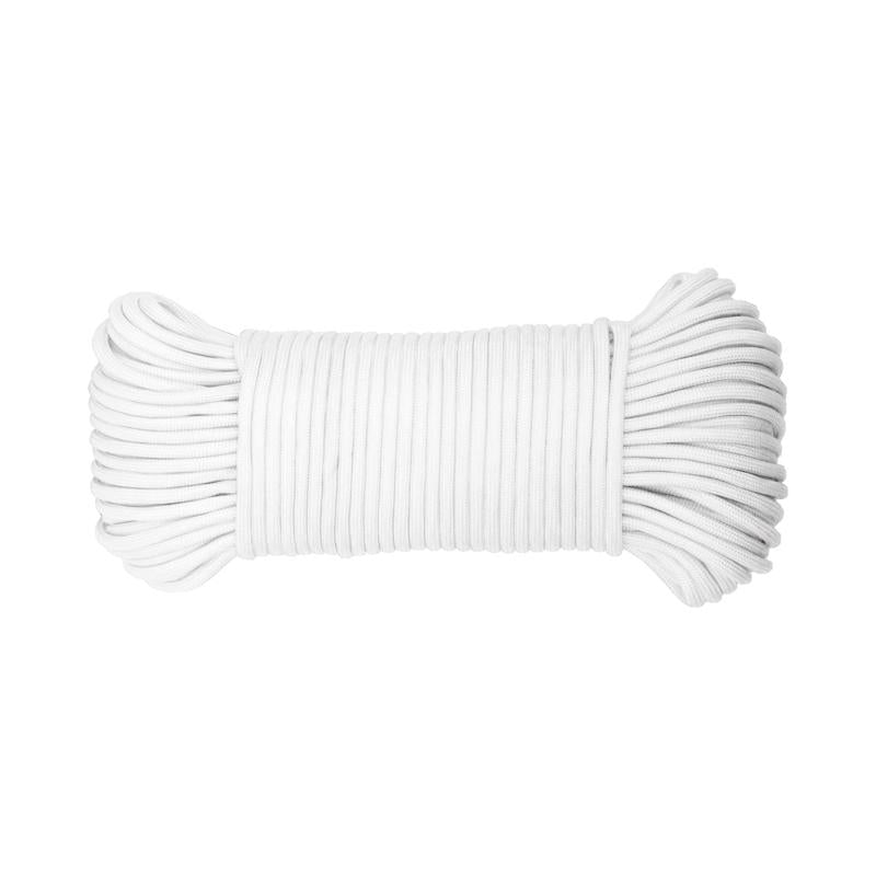White synthetic filament rope, 5/32 inch paracord by Emery Jensen, showing the textured, durable nylon construction.