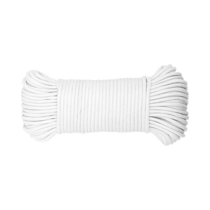 White synthetic filament rope, 5/32 inch paracord by Emery Jensen, showing the textured, durable nylon construction.