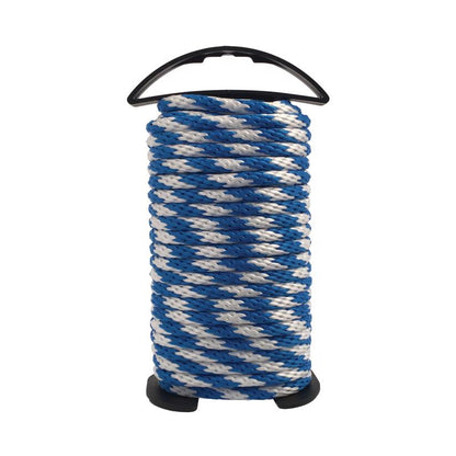 Blue and white 50-foot synthetic filament rope by Emery Jensen, showcasing its sturdy twisted design and durable material.
