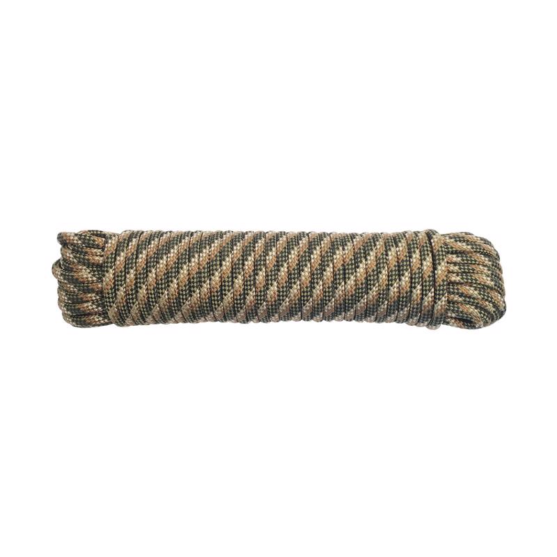 Emery Jensen synthetic filament rope in camo pattern, 3/8 inch diameter, 100 feet length, made of durable poly material.