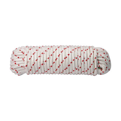 Red and white synthetic filament rope, 50 feet, by Emery Jensen, displayed coiled with visible texture and durable construction.