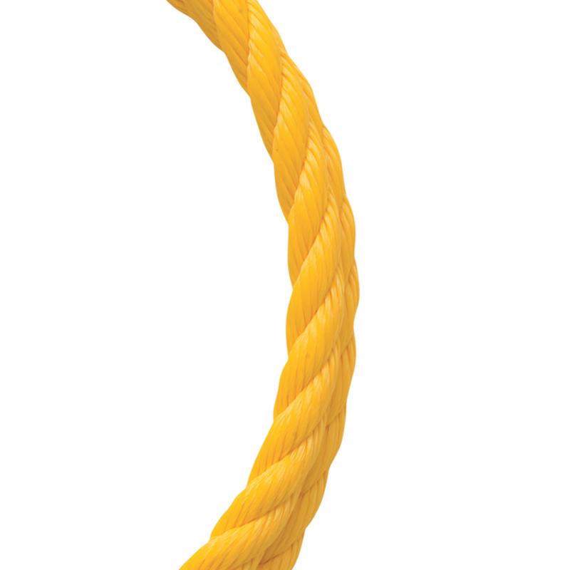 Yellow synthetic filament rope from Emery Jensen, 100 feet long, shown coiled with a close-up of the textured synthetic fibers.