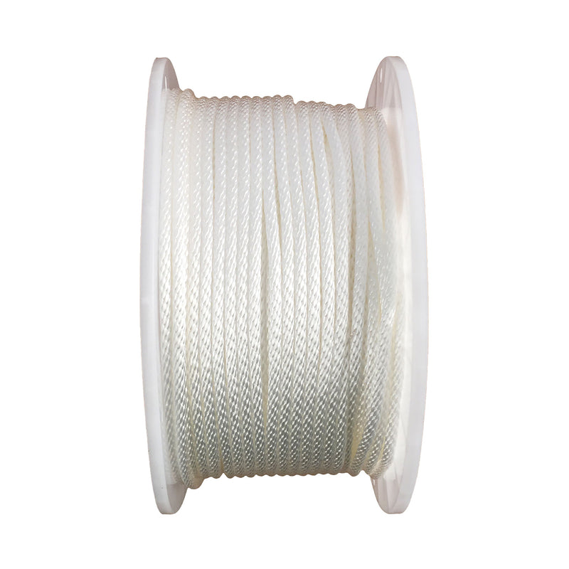 White synthetic filament rope from Emery Jensen, 1/4-inch by 500 feet, displayed coiled and ready for use.