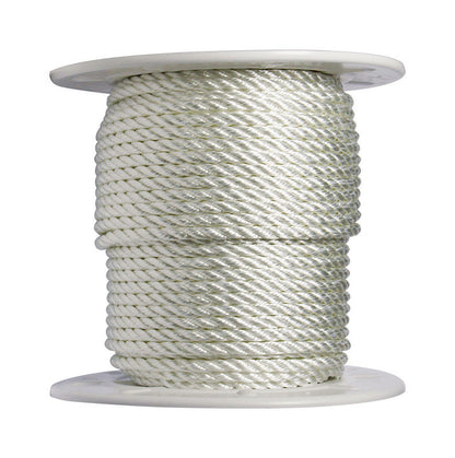 White synthetic filament rope by Emery Jensen, 3/8 inch by 400 feet, shown coiled and ready for heavy-duty use.