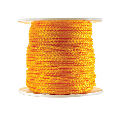 Yellow synthetic filament rope by Emery Jensen, 5/16 inch diameter, 600 feet length, durable and strong for various applications.