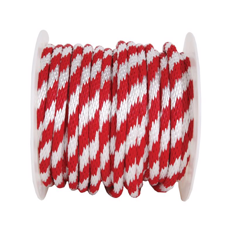 Emery Jensen RPE Derby synthetic filament rope, 5/8 inch by 140 feet, with red and white strands, suitable for heavy-duty use.