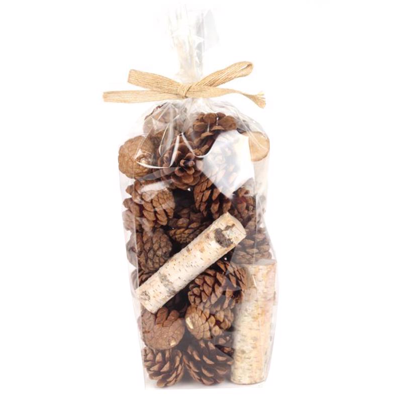 Emery Jensen Birch & Pinecone BWL Filer tabletop decor with natural wood and pinecone accents on a neutral surface.