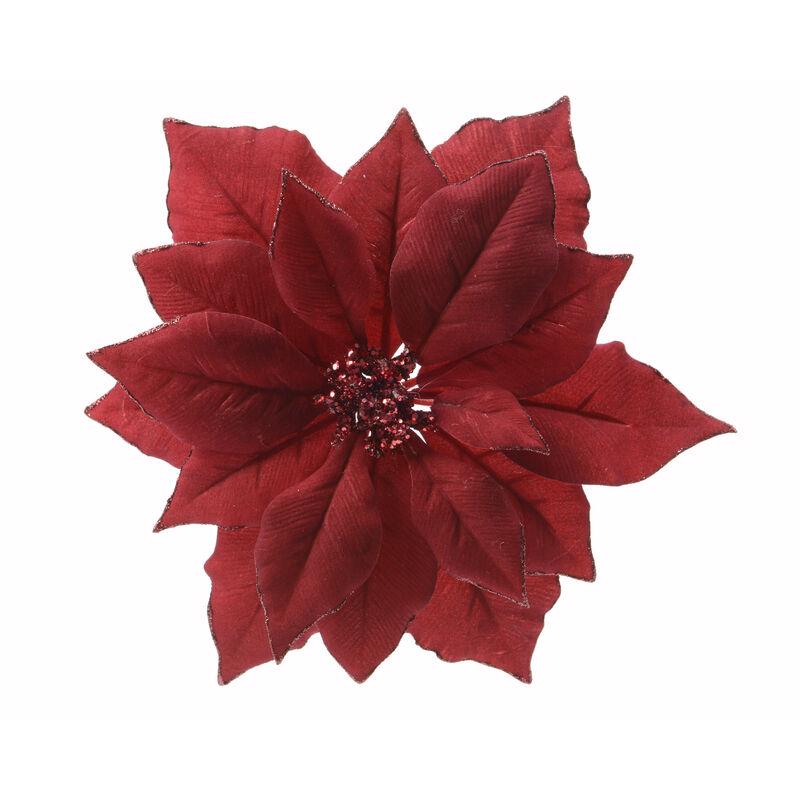 Red clip poinsettia tabletop decor by Emery Jensen, festive floral arrangement for holiday home decoration.