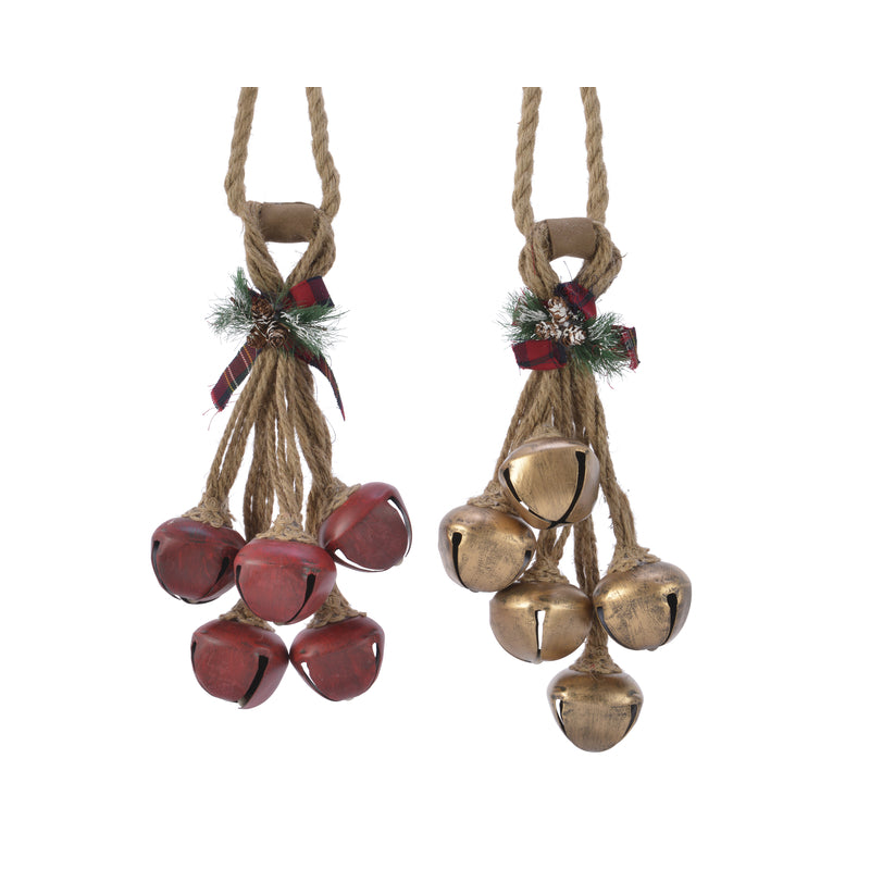 Set of 8 Emery Jensen iron hanging bells for tabletop decor, featuring rustic design and decorative metal craftsmanship.