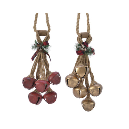 Set of 8 Emery Jensen iron hanging bells for tabletop decor, featuring rustic design and decorative metal craftsmanship.