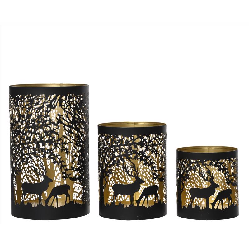 Emery Jensen LNTN DR IRN black and gold 3-piece tabletop decor set with rustic metal accents and decorative design.