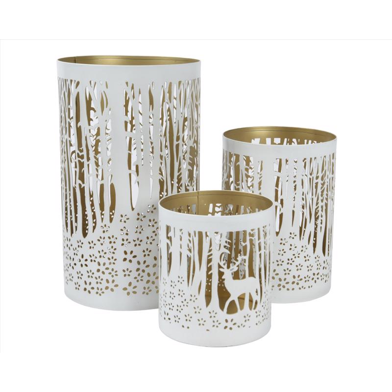 Set of three Emery Jensen tabletop decor pieces in white and gold, decorative iron accents for home interior styling.