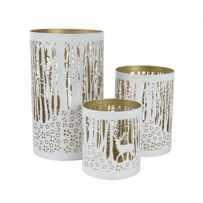 Set of three Emery Jensen tabletop decor pieces in white and gold, decorative iron accents for home interior styling.