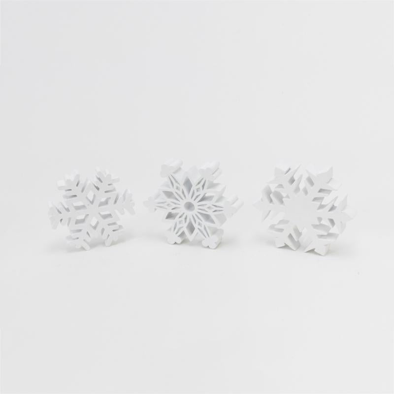 Set of six Emery Jensen tabletop decor snowflake ornaments, festive holiday design for seasonal decoration