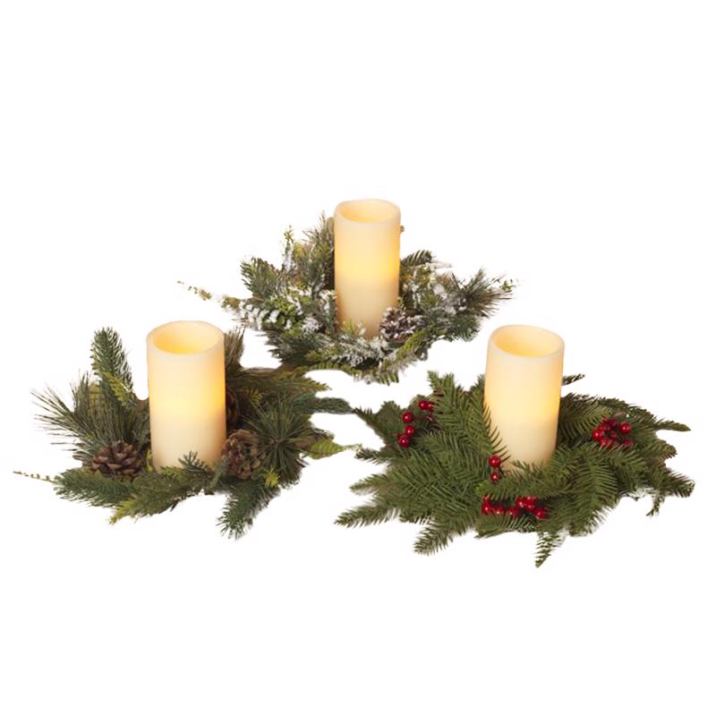 Emery Jensen pine candle ring with berries, tabletop decor featuring greenery and red berries for festive table setting.