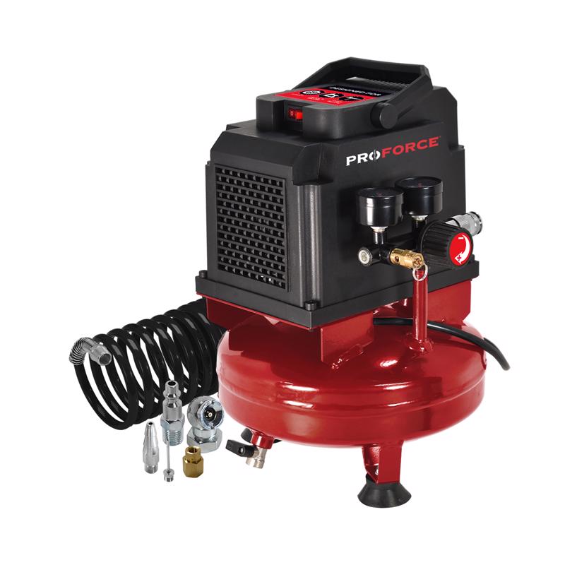 Emery Jensen 1-gallon 120V tank air compressor with black metal tank and pressure gauge for inflating tools and tires.