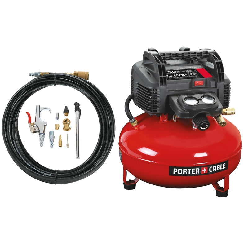 Emery Jensen pancake compressor 6-gallon tank, portable air compressor with pressure gauge and air hose connection.