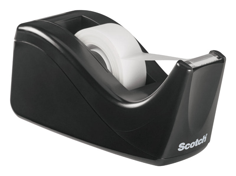Emery Jensen Scotch desktop tape dispenser with clear plastic body and built-in tape roll holder.