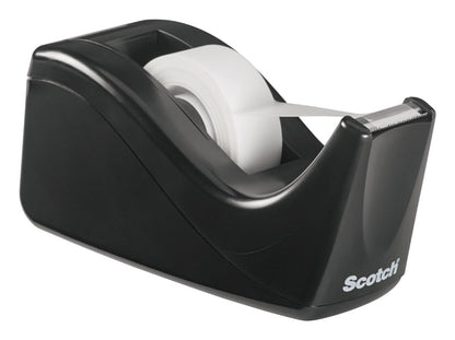 Emery Jensen Scotch desktop tape dispenser with clear plastic body and built-in tape roll holder.