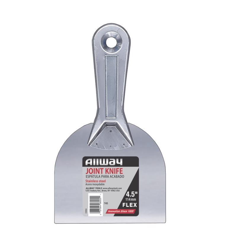 Set of 10 Emery Jensen steel tape knives, 4.5-inch taping knives for drywall finishing and drywall taping tools.
