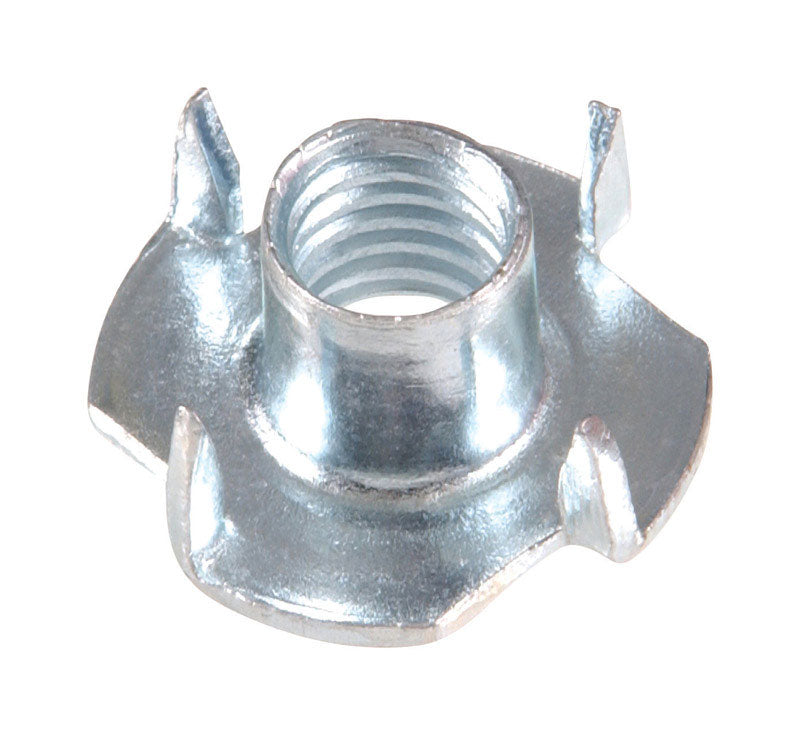 Emery Jensen TEENUTS 5/16-18x5/8 inch T-nuts for woodworking, shown in a box of 100, with threaded interior and hex flange.