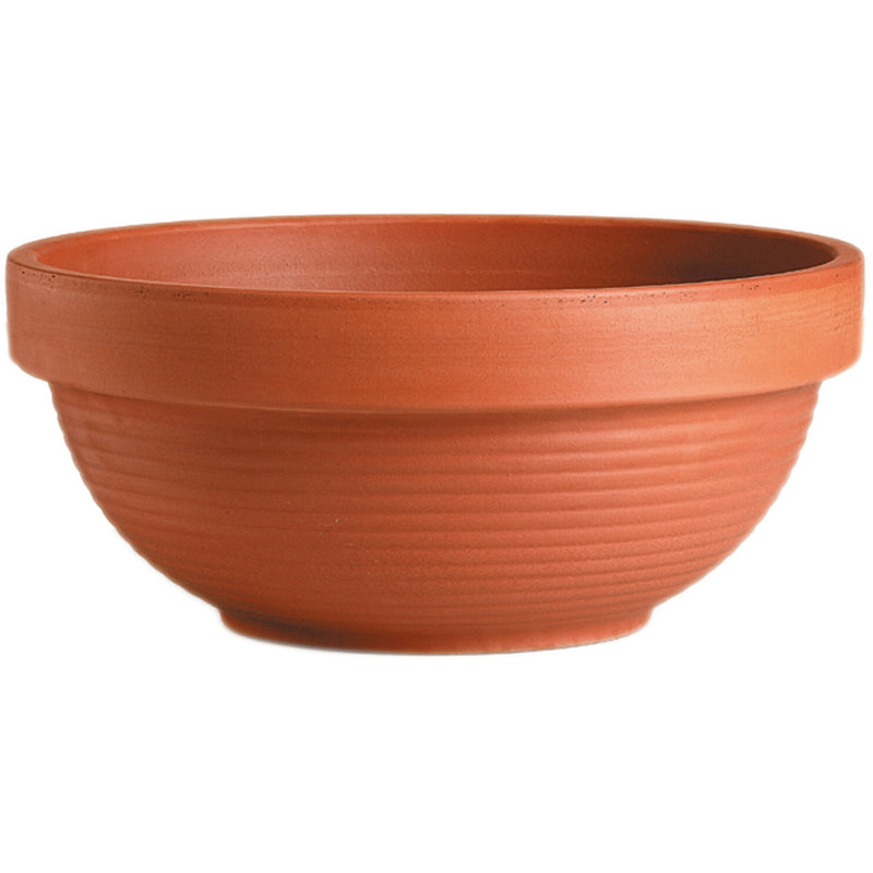 Red clay RidgeBowl 10-inch terracotta planter by Emery Jensen with a wide, shallow design perfect for indoor or outdoor plants.