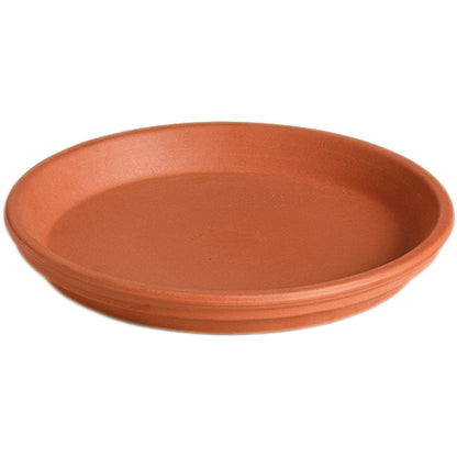 Red clay saucer for terracotta planters, 9.1 inches, by Emery Jensen, designed to support and protect potted plants.