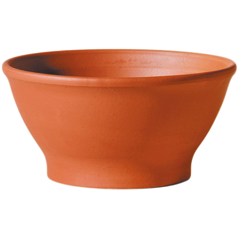 Red clay smooth bowl planter, 10-inch terracotta planter by Emery Jensen, ideal for indoor or outdoor plants.