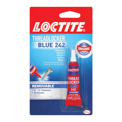 Emery Jensen Threadlocker 242 Blue bottle, used for securing threaded fasteners, with blue liquid inside.