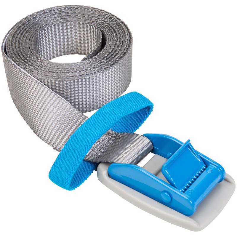 Gray 10ft cargo strap tie down from Emery Jensen with durable woven nylon and metal hooks for secure cargo transportation.