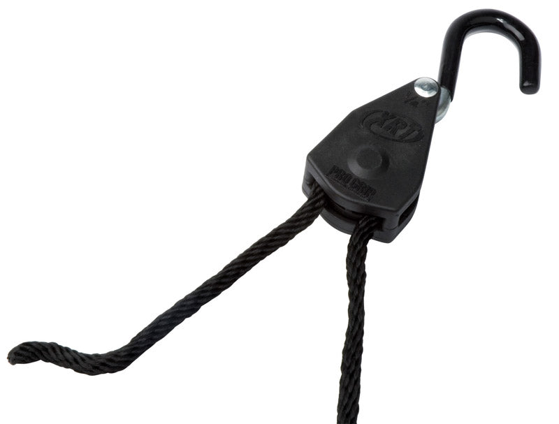 Emery Jensen rope lock tie-down secured on a vehicle, 1/4 inch by 8 feet, used for securing loads during transport.