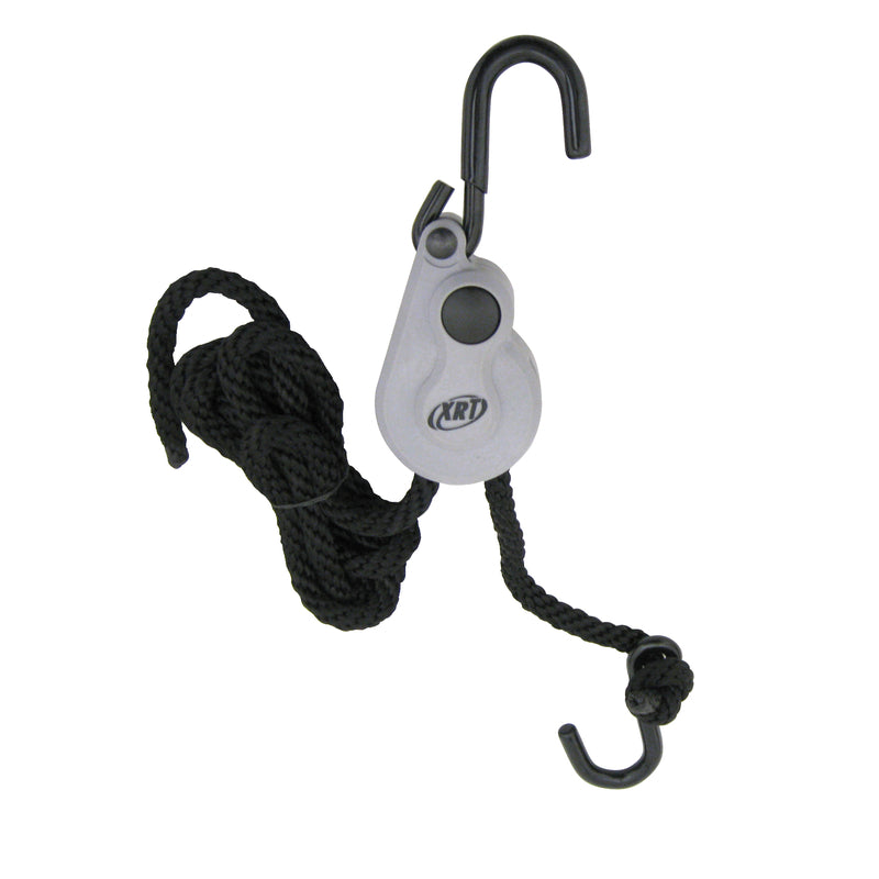 Emery Jensen rope lock tie-down, 3/8 inch by 8 feet, securing cargo with durable metal hardware for reliable fastening.