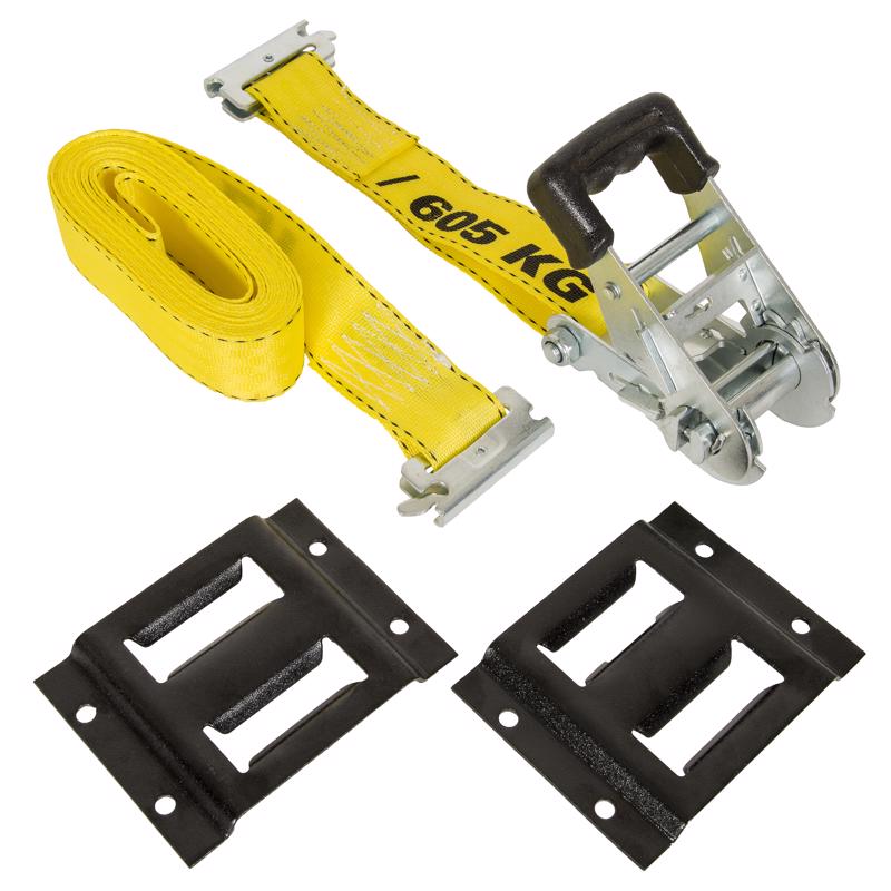 Yellow 15-foot Emery Jensen RTCH Tiedown Strap used for securing loads with durable tie-downs.