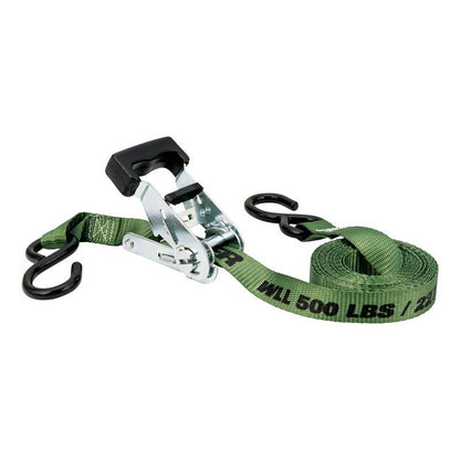 Green 12-foot Emery Jensen tie-down strap with 500-pound capacity, suitable for securing cargo and equipment.