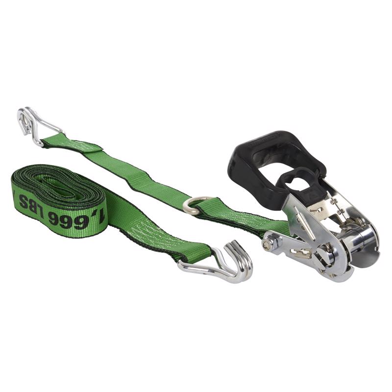 Green 16-foot Emery Jensen tie-down strap with buckle for securing cargo, durable and adjustable for various hauling needs.
